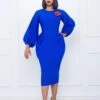 Temperament Solid Color Bubble Sleeves High Waist Round Neck Hip Dresses Wholesale Dresses N5923080800087