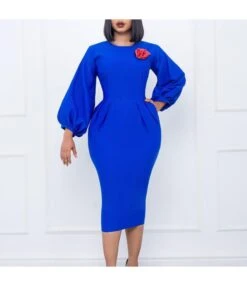Temperament Solid Color Bubble Sleeves High Waist Round Neck Hip Dresses Wholesale Dresses N5923080800087