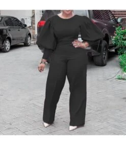 Puff Sleeve Slim Solid Color Wide Leg Waist Jumpsuit Wholesale Womens Clothing N3823101700021
