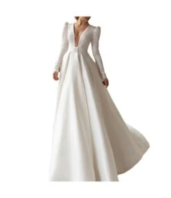 Elegant Solid Color Long Sleeve Deep V Neck High Waist Satin Dresses Wholesale Dresses N5923080800192