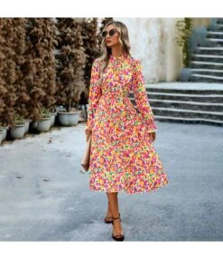 Casual Long Sleeve Floral Printed Round Neck Long Dresses Wholesale Dresses V5923071700102