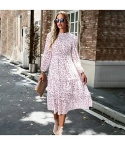 Casual Long Sleeve Half High Neck Floral Printed Wooden Ear Trim Dresses Wholesale Dresses N5923081800004