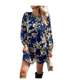 Fashion Long Sleeve Floral Print Round Neck Dresses Wholesale Dresses N5923071700114