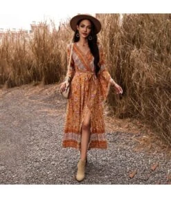 Vintage Floral Printed Ruffle Sleeve V-Neck Tie A-Line Long Dresses Wholesale Dresses N5923082200012