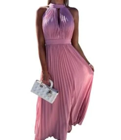 Elegant Solid Colour Sleeveless Hanging Neck Pleated Big Pendulum Dress Wholesale Dresses N5923090100072