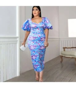 Commuter Style Lantern Sleeves High-Waisted Plum Print One-Step Dress Wholesale Dresses V5923050600035