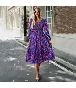 Floral Full Print Long Sleeve V-Neck Wooden Ear Trim Long Dresses Wholesale Dresses N5923081800001