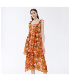 Fashion Flower Print Multi Layered Pleated Camisole Dress Wholesale Dresses N5923082300017