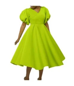 Fashion Solid Color V-Neck Bubble Sleeve Dress Wholesale Dresses V5923050300080