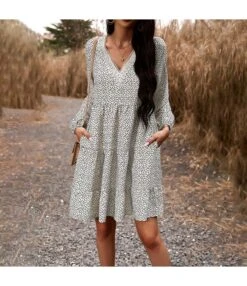 Casual V-Neck Long-Sleeve Small Floral Print Dress Wholesale Dresses N5923082200008