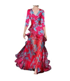 Fashion Maple Leaf Print Slim Multi Layers V-Neck Long Dresses Wholesale Dresses N5923081800032