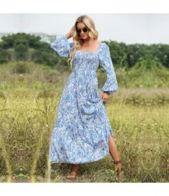 Square Collar Printed Long Sleeve Vacation Backless Swing Dress Wholesale Maxi Dresses N5323021600029