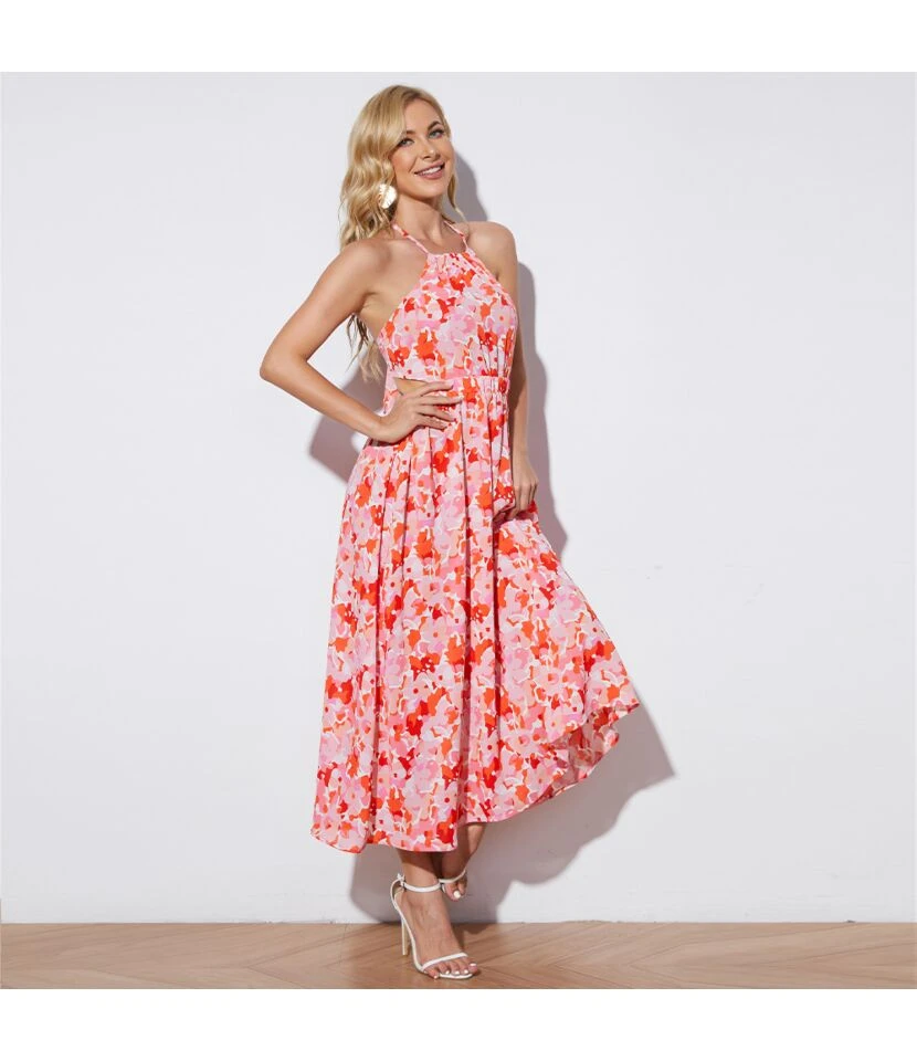 Women Floral Print Halterneck Sleeveless Backless Wholesale Swing Dresses SDN580513 - Image 4