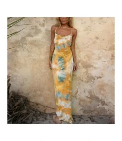 Trendy Tie-Dye Print Sundresses Slim Open Back Bag Hip Slip Dress Wholesale Maxi Dresses SDN533568