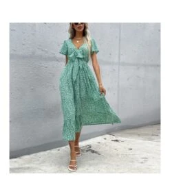 Wholesale Boho Dress Lotus Leaf Sleeve Bowknot V-Neck SD181173