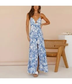 Printed V-Neck Hollow Vacation High Slit Sexy Sling Dress Wholesale Maxi Dresses N5323031600438