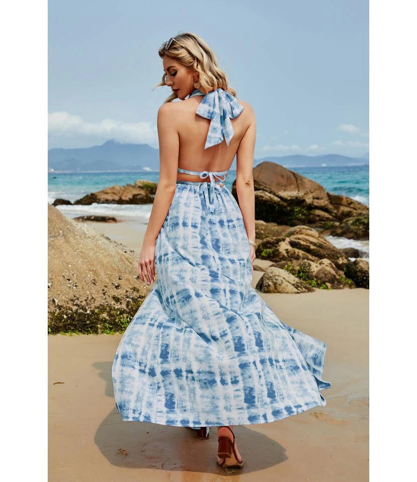 Backless Halter Wholesale Maxi Dresses Slit Design Off Shoulder Printed SD181694 - Image 4