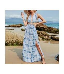 Backless Halter Wholesale Maxi Dresses Slit Design Off Shoulder Printed SD181694