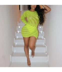 Single Sleeve Skinny See-Through Rhinestones Mini Dress SD080545