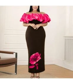 Contrasting Color One-Shoulder Elegant Flower Print Dresses Wholesale Dresses N4623050600004