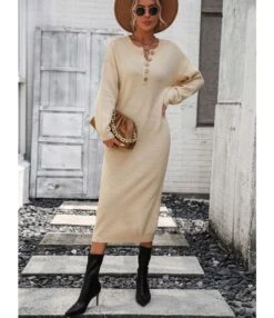 Fashion Solid Colour Long Sleeve Button Down Knit Dress Wholesale Dresses N5923082600017