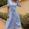 Women Fashion Short Sleeve Floral Print V Neck Button Wholesale A Line Dresses With Belt SD580078