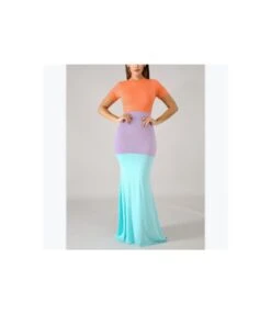Fashion Colorblock Print Short Sleeve Slim Bag Hip T Shirt Dress Wholesale Maxi Dresses SDN533584