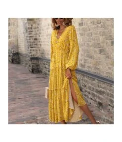V-Neck Floral Print Long Sleeve Slit Resort Smocked Dress Wholesale Maxi Dresses SDN537254