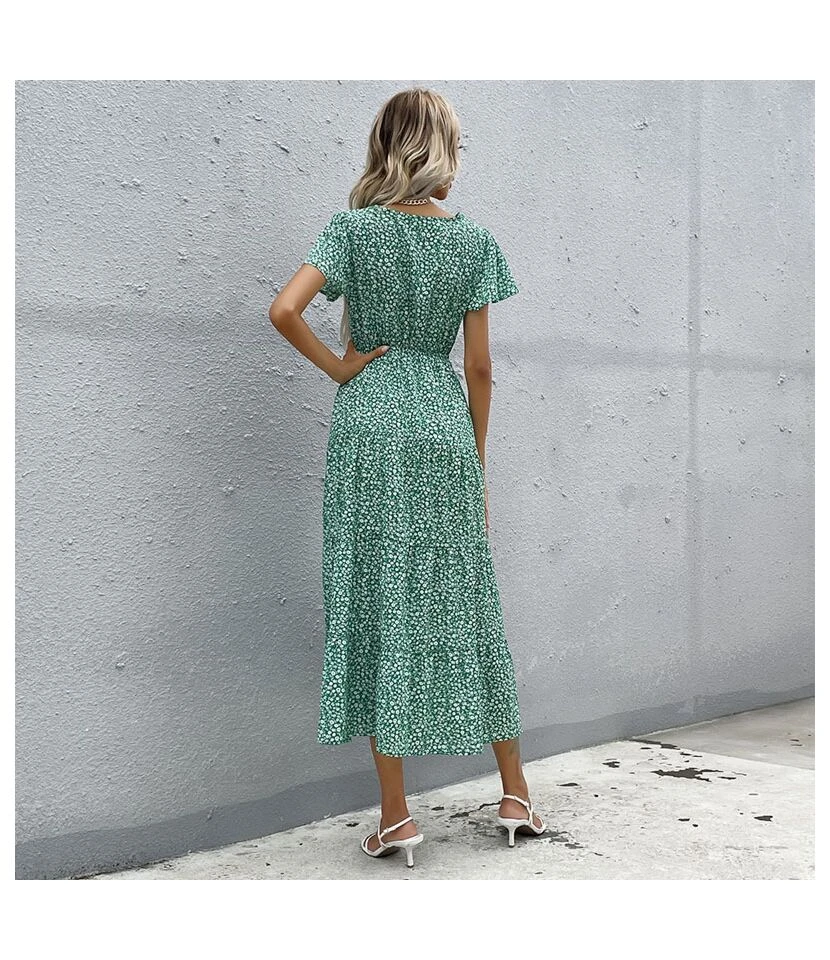 Wholesale Boho Dress Lotus Leaf Sleeve Bowknot V-Neck SD181173 - Image 5