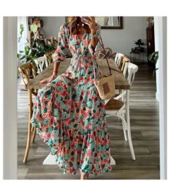 Casual Printed Loose V-Neck Smocked Dress Wholesale Maxi Dresses SDN534927