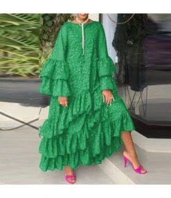 Flare Sleeve Printing Ruffled Trim Swing Long Dress SD080522