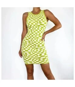 Round Neck Sleeveless Plaid Knitted Dress Wholesale Clothing SD070186