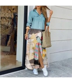 Fashion Printed Long Sleeve Shirtdress Slit T Shirt Maxi Dress Wholesale Casual Dresses SD531903