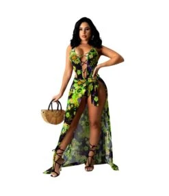 2 Pieces Floral Deep V Neckline Mesh Irregular See-Through Wholesale Women Dresses SO180709