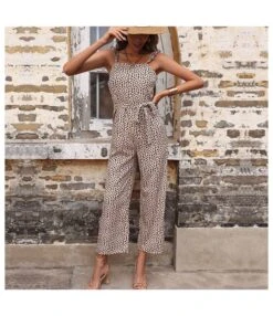 Leopard Print Spaghetti Strap Sleeveless Long Wholesale Jumpsuits With Belt SJ168443