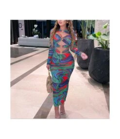 Mesh Printed Circular Ring Hollow Sexy Womens Clothes Bodycon Dress Wholesale Maxi Dresses SD204476