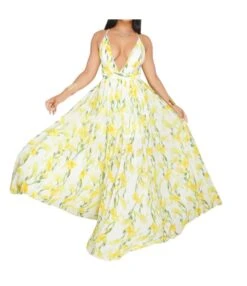 Fashion Print Deep V Neck Open Back Chiffon Beach Sling Wide Swing Dress Sexy Wholesale Maxi Dresses SD55497