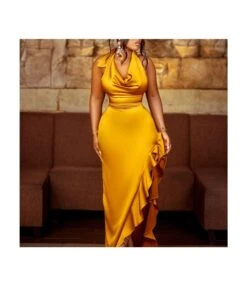 Solid Satin Halter Neck Belted Waist Ruffle Dress Wholesale Womens Clothing N3823110400001