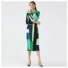 Full Sleeve Elastic Geometric Patchwork O-Neck Midi Dress Full Sleeve
