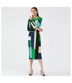Full Sleeve Elastic Geometric Patchwork O-Neck Midi Dress Full Sleeve