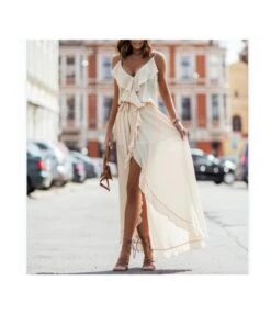 Solid Color Sling Ruffled Chiffon Flowy Dress Wholesale Maxi Dresses SDN535438