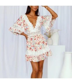 Floral Print Flare Sleeve V-Neck Vintage Lace Dress Wholesale Dresses SDN534703