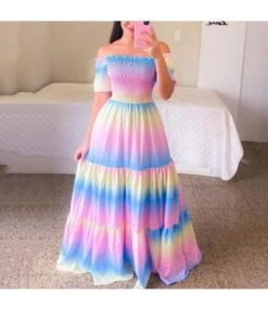 Trendy Printed Off Shoulder Ruffles Swing Smocked Dress Vacation Wholesale Maxi Dresses SDN532933