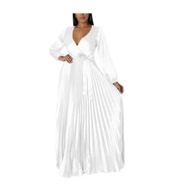 V-Neck Balloon Sleeves Pleated Dress Wholesale Womens Clothing N3823103000067