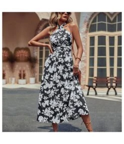Women Floral Print Halterneck Sleeveless Wholesale Swing Dresses SDN580625