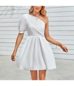 One Shoulder Puff Sleeve Solid Color Waist Swing Dress Wholesale Dresses SDN538808