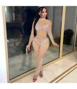 Wholesale Clubwear See-Through Gauze Rhinestones Jumpsuit For Women SJ210062