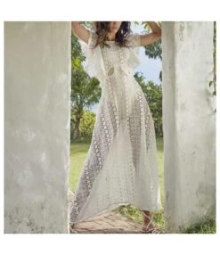 Trendy Round Neck Ruffles Hollow See-Through Lace Bikini Cover Up Vacation A-Line Casual Dress Wholesale Dresses SD531276