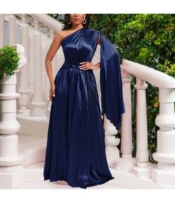 Temperament One-Shoulder Slant Neck Waist-Pressing Pleated Long Dress Wholesale Dresses N5923080800093