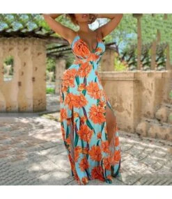Women Floral Print Spaghetti Strap Sleeveless V Neck Backless Slit Hem Wholesale Maxi Dresses SDN580892